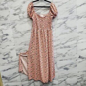 Sadie Sage Maxi Sun Dress Women Size S Pink Floral Elastic Bust Slit Sides Boho